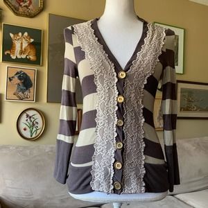 Anthropologie Pleione brown Striped Lace-trim V-neck Cardigan small